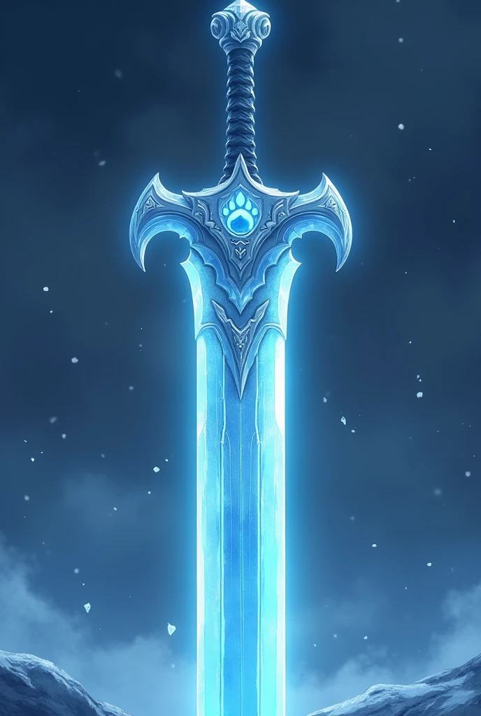 the picture shows a huge sword in anime style, which looks powerful and has ice-blue reflections. The handle is very elegantly decorated and looks as if it were made of ice. a bear paw is engraved on the upper part of the blade