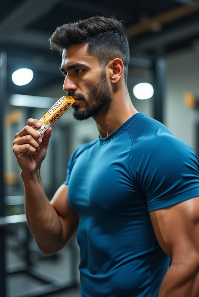 Indian gym boy eating protein bar