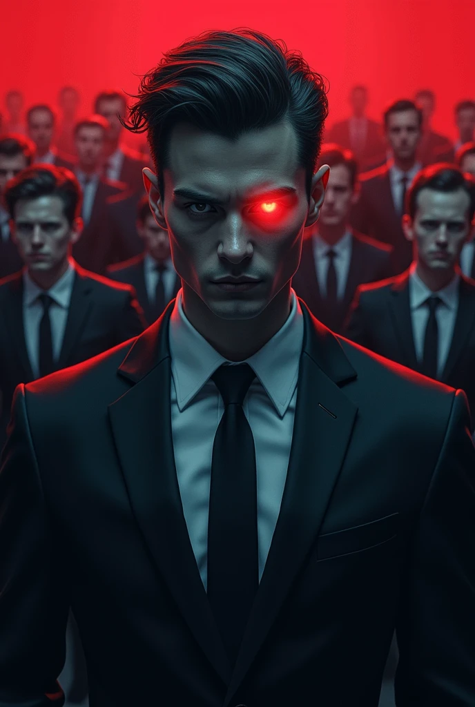 badass black ganster red eyes wear hearring and white ganster blue eyes in a suit with thousands subordinate behind him



