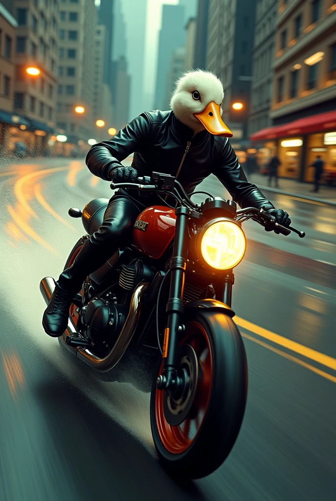 black biker with duck head, high speed in