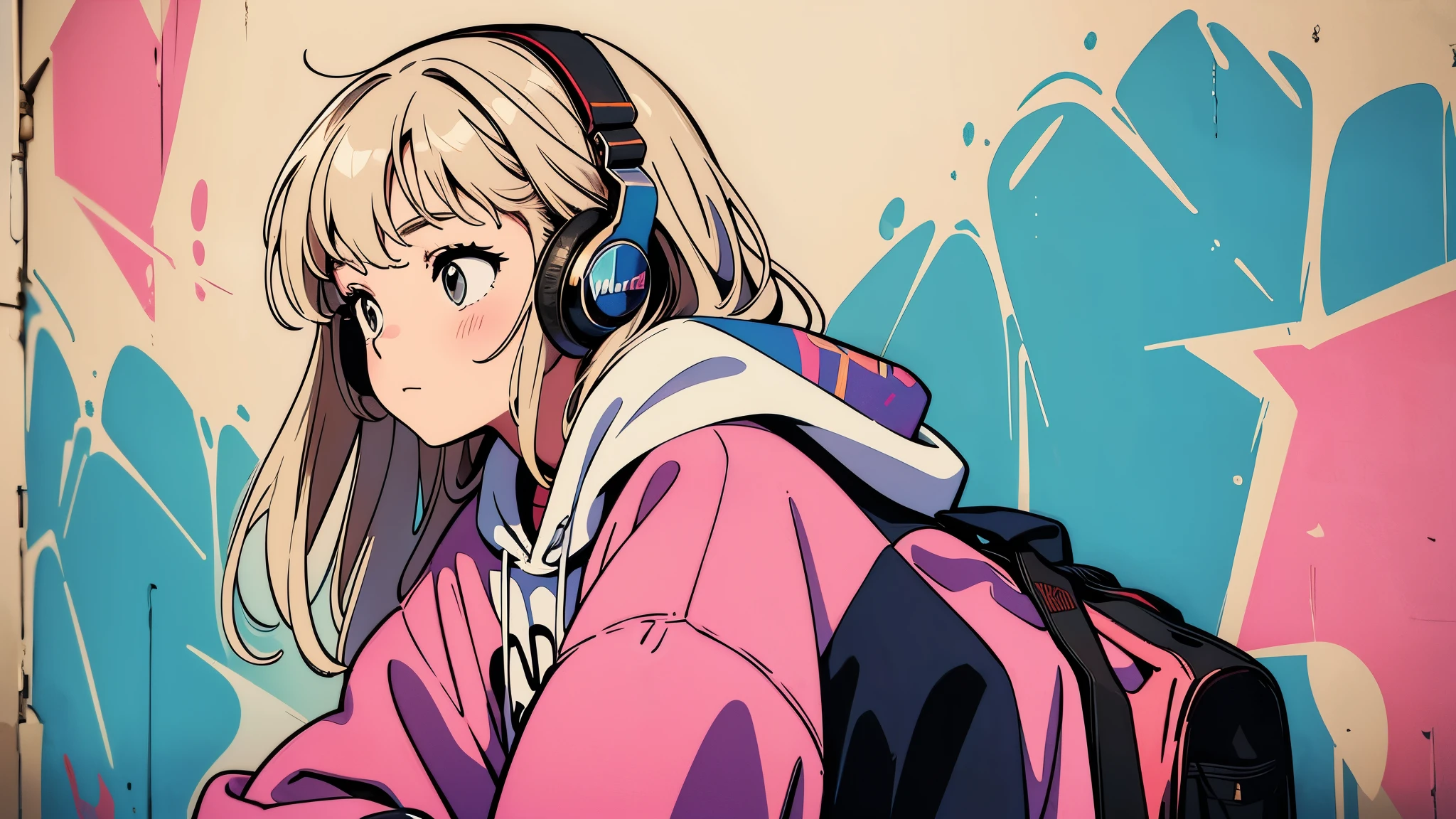 A girl leaning against a graffiti-covered wall, wearing oversized headphones and a hoodie, with a relaxed expression.