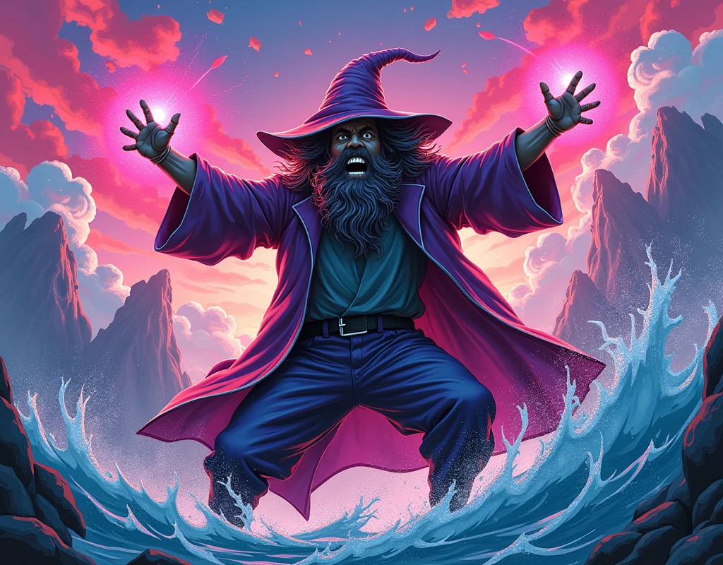 THE MEME message "Alquimistas", action-packed digital illustration of a wizard in an intense, high-energy pose, vibrant colors reminiscent of vaporwave aesthetics, surreal ocean elements floating in the background, comic book-style motion lines, bold text overlay with "seaart infinity" message, meme-inspired composition with exaggerated features, internet art style popularized on social media platforms, high contrast and saturated hues typical of viral image macros, digital painting techniques, glitch art elements, neon color palette, retro-futuristic design, 3D rendered objects mixed with 2D elements, pixelated details, cyberpunk influences, deep-fried meme aesthetic, absurdist humor visual style, viral Internet culture references.