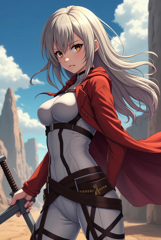 A white skin woman, with long gray blond hair, brown eyes, pink lips, serious expression, with attack on titan legion clothes, with two swords from attack on titan, full body, fighting pose , mappa studio style, with an attack on titan background, isayama hajime draw style