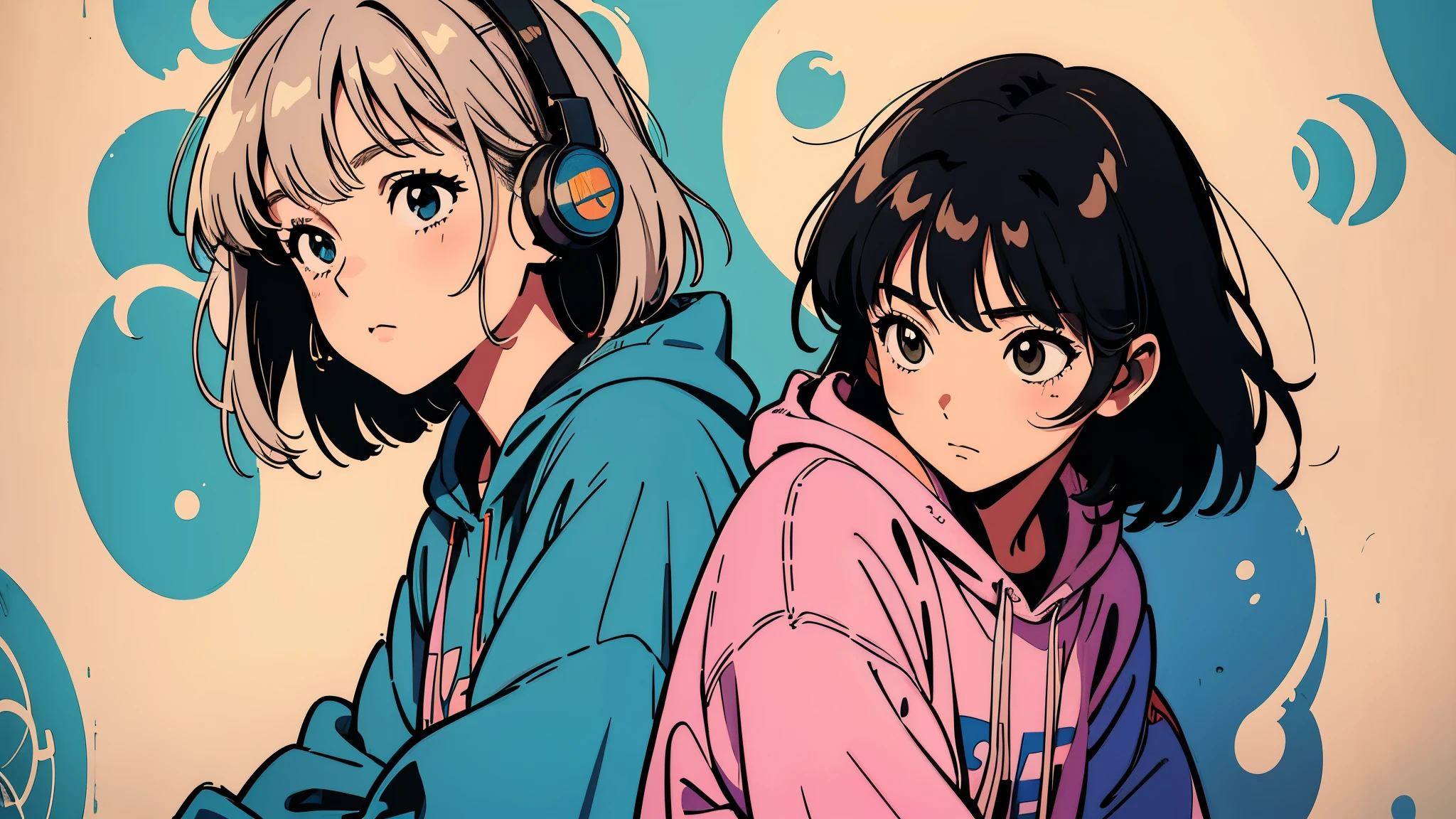 A girl leaning against a graffiti-covered wall, wearing oversized headphones and a hoodie, with a relaxed expression, lyco art, a manga drawing, by Satoshi Kon, lofi hip hop, wlop : :, ukiyo, ukiyo-style, yukito kishiro, one girl, bob cut hair, solo girl