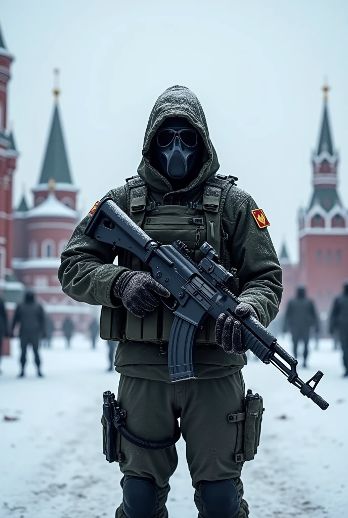 A soldier in a black gas mask that covers his entire face with an AK-74 on Red Square (It's snowing outside) no people in the background