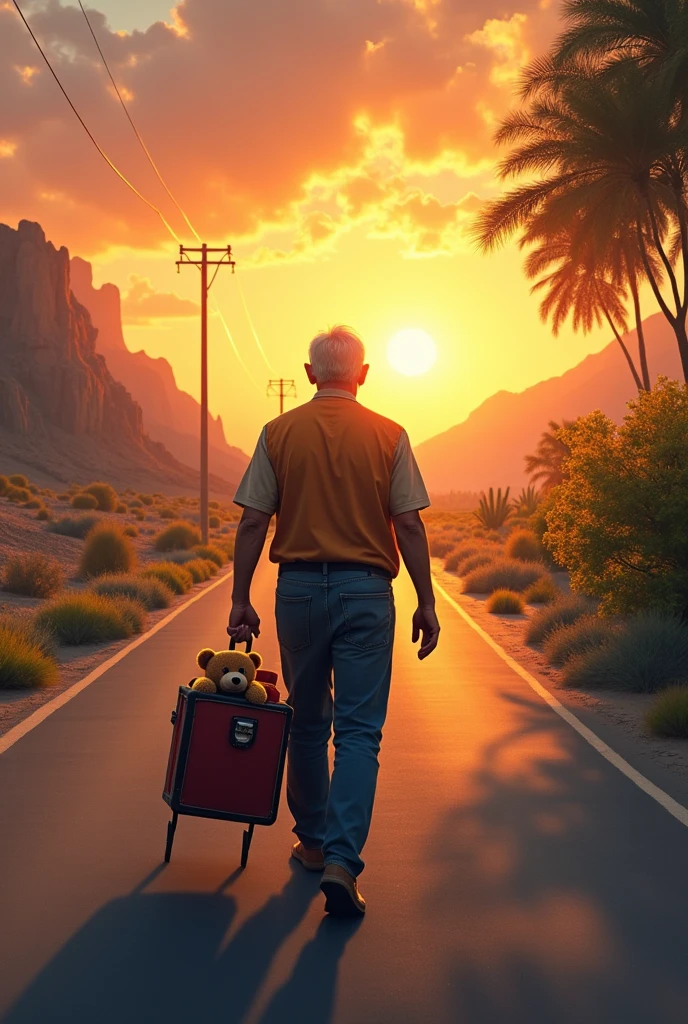 45 year old man carrying a wheeled toolbox walking facing the sun on an asphalt road, on one side desert and on the other side green vegetation leading to the sunset and in the box a small brown teddy bear