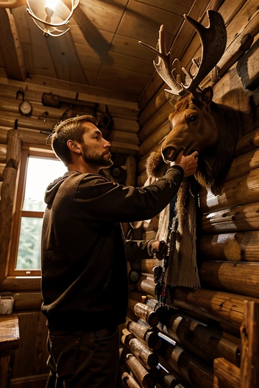 Tall man in a log cabin. Moose euro mount on wall. Man pokes eye into the moose rack antler
