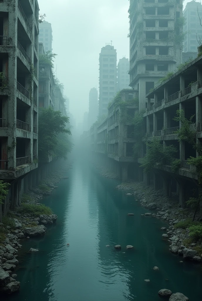 Create a post-apocalyptic scenario where water flooded the earth, with few trees and many structures and buildings. Add high-resolution details such as abandoned buildings, cracks in the structure, faulty electrical installations, and poor lighting. The scene should have a mysterious and dark tone, with elements of water and ruins, high resolution, hyper detailed, add vessels used as cities, ship cities, 8k, lots of quality