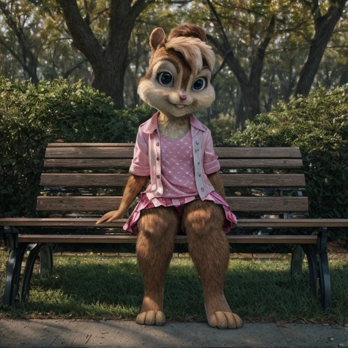 score_9, score_8_up, score_7, score_6, park, brittany miller, chipmunk, furry, short ears, light pink shirt top, jean jacket, pink skirt with black polka dots, sitting on bench, looking at viewer, 6 inches tall