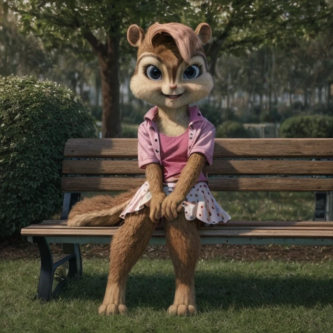 score_9, score_8_up, score_7, score_6, park, brittany miller, chipmunk, furry, short ears, light pink shirt top, jean jacket, pink skirt with black polka dots, sitting on bench, looking at viewer, 6 inches tall