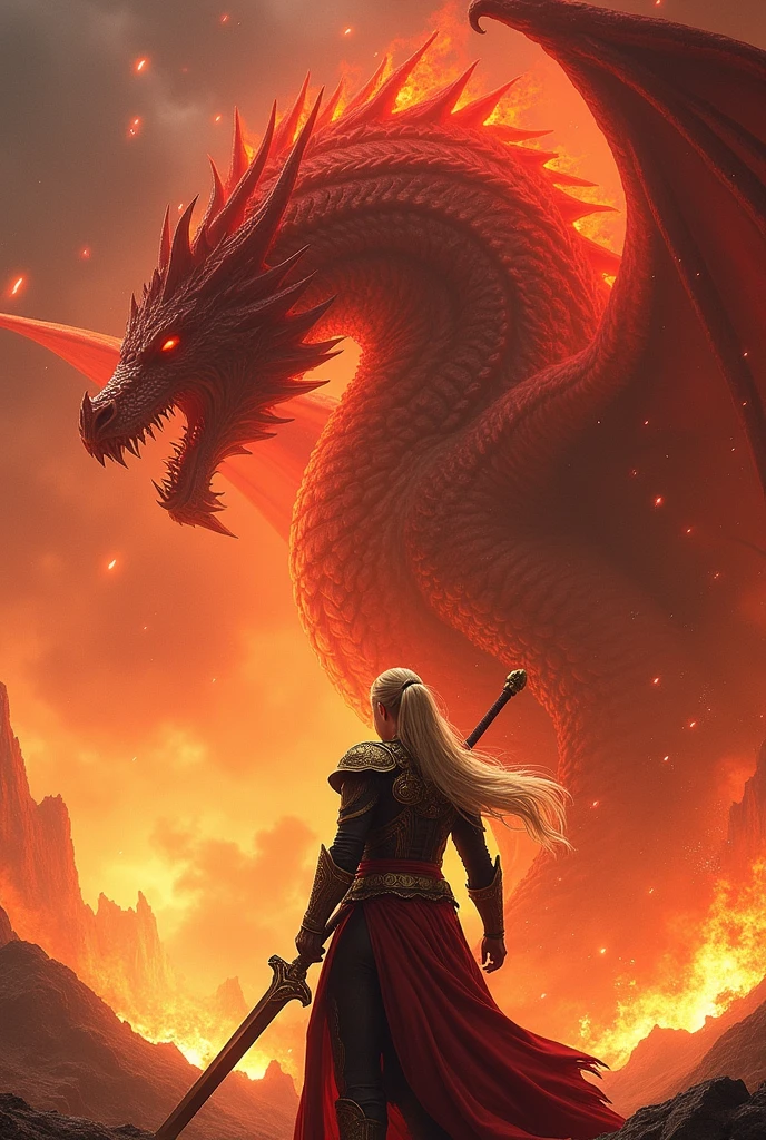 Valakas, red flame hell dragon, the greatest of the true dragon emperors, whose power is overwhelming, your wrath makes worlds tremble, and his thirst for blood never ceases, his expression is always overcome with greed and anger, because it is a promise of the end of the world. He lives sealed inside the body of a very talented warrior..
Scene inside a flaming volcano, human in black and red armor, golden shoulders and long blonde hair with a ponytail, with a dragon slayer with draconic details on the handle and blade of the sword