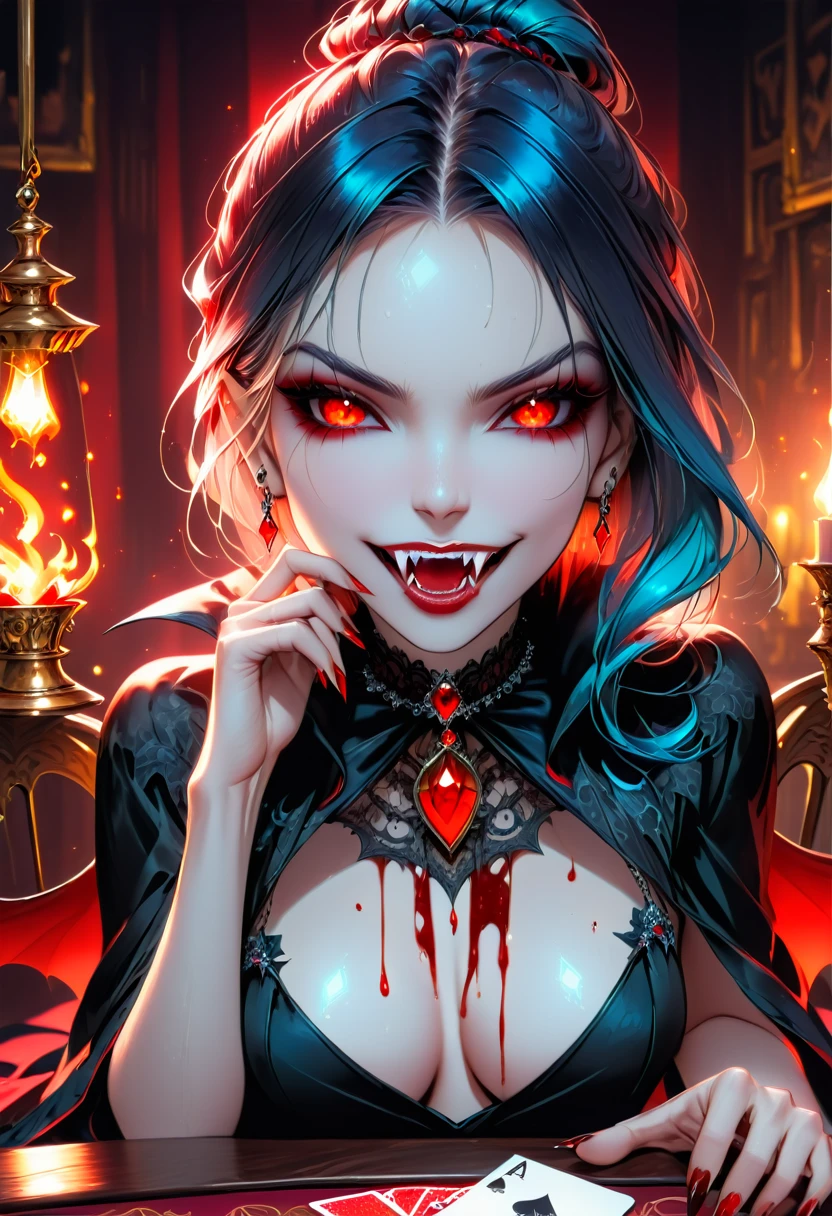 a portrait of a vampire playing poker game of cards, holding cards ((cards not shown:1.5)) the cards are dripping blood, an exquisite beautiful vampire, goth vampire, ((dynamic hair color: 1.5)), white pale skin, some blood veins are seen on the skin, red lips, red eyes, glowing eyes, wearing goth dress, silk dress, there are diamonds on the dress, earing a choker studded with a red diamond, ((vampire fangs:1.5)), she sits near a poker table in a dark fantasy room, there is a playing table, torch light,  vibrant, Ultra-high resolution, High Contrast, (masterpiece:1.5), highest quality, Best aesthetics), best details, best quality, highres, ultra wide angle, 16k, [ultra detailed], masterpiece, best quality, (extremely detailed: 1.5), vampire fangs, NRART, dripping blood