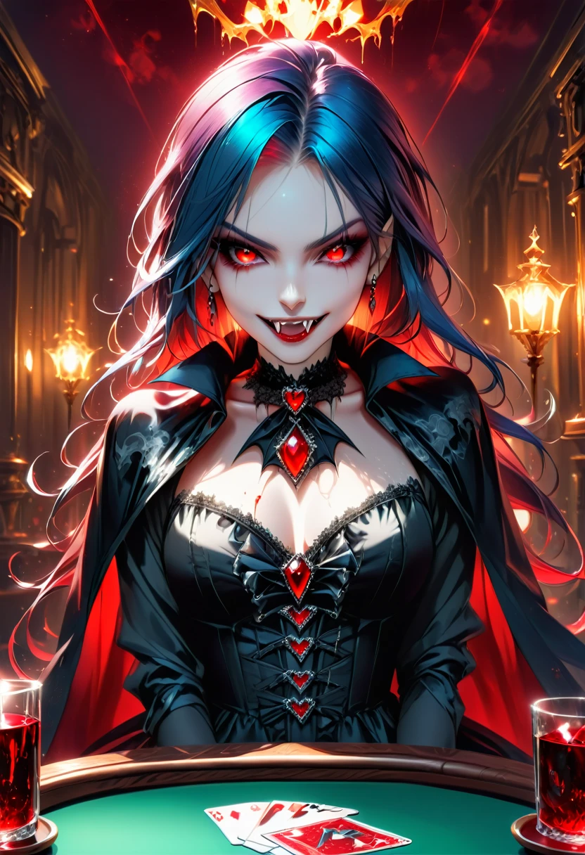 a portrait of a vampire playing poker game of cards, holding cards ((cards not shown:1.5)) the cards are dripping blood, an exquisite beautiful vampire, goth vampire, ((dynamic hair color: 1.5)), white pale skin, some blood veins are seen on the skin, red lips, red eyes, glowing eyes, wearing goth dress, silk dress, there are diamonds on the dress, earing a choker studded with a red diamond, ((vampire fangs:1.5)), she sits near a poker table in a dark fantasy room, there is a playing table, torch light,  vibrant, Ultra-high resolution, High Contrast, (masterpiece:1.5), highest quality, Best aesthetics), best details, best quality, highres, ultra wide angle, 16k, [ultra detailed], masterpiece, best quality, (extremely detailed: 1.5), vampire fangs, NRART, dripping blood