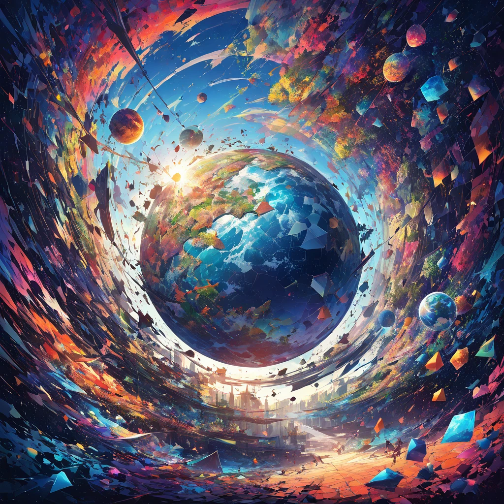"Visualize an interpretation of the earth on one side of the face. Break down the shape of the Earth into geometric shapes and fragmented planes, To capture its movement and energy in a unique and abstract way. Incorporate bold colors and sharp angles, to convey a feeling of movement and tension. Play with perspective and layering, to create a multidimensional composition, which questions traditional notions of space and form. Be inspired by the avant-garde spirit of surreal realism and see nature in a fresh and innovative light.. Unleash your creativity, as you bring this imaginative scene to life on the screen
