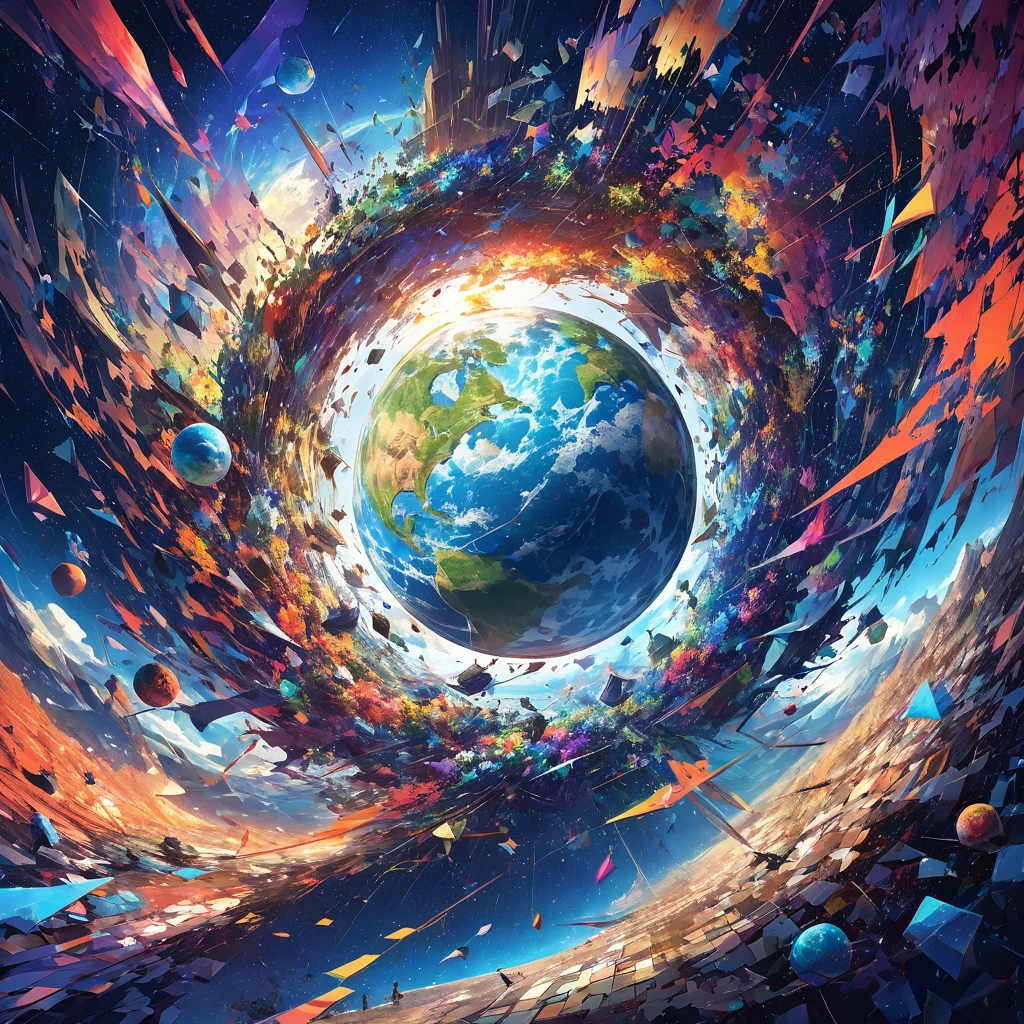 "Visualize an interpretation of the earth on one side of the face. Break down the shape of the Earth into geometric shapes and fragmented planes, To capture its movement and energy in a unique and abstract way. Incorporate bold colors and sharp angles, to convey a feeling of movement and tension. Play with perspective and layering, to create a multidimensional composition, which questions traditional notions of space and form. Be inspired by the avant-garde spirit of surreal realism and see nature in a fresh and innovative light.. Unleash your creativity, as you bring this imaginative scene to life on the screen