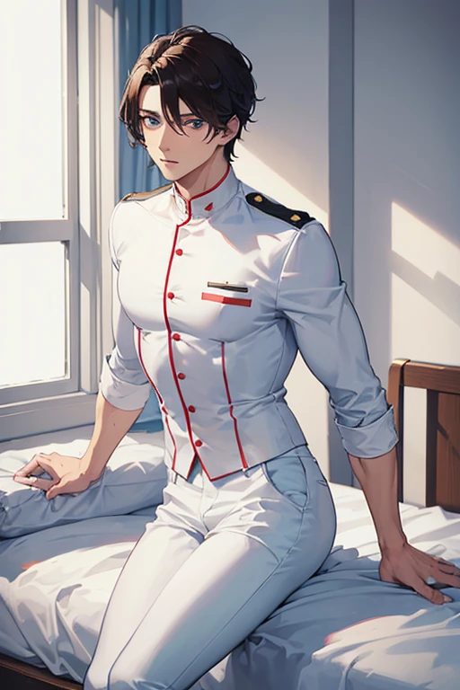 man in his 20s, Mexican, slim build, muscles, nurse uniform, white uniform, blue pants, brown hair, spiky hair, blue eyes, looking straight at viewer white background