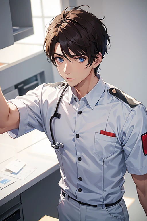 man in his 20s, Mexican, slim build, muscles, nurse uniform, white uniform, blue pants, brown hair, spiky hair, blue eyes, looking straight at viewer white background