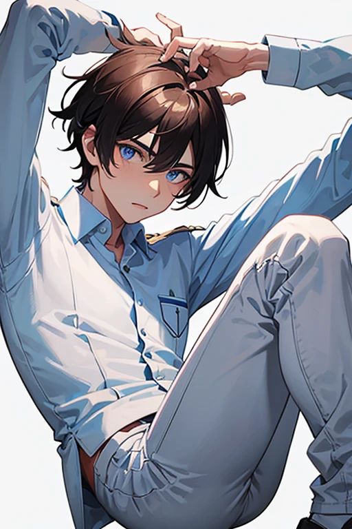 man in his 20s, Mexican, slim build, muscles, nurse uniform, white uniform, blue pants, brown hair, spiky hair, blue eyes, looking straight at viewer white background
