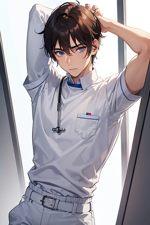 man in his 20s, Mexican, slim build, muscles, nurse uniform, white uniform, blue pants, brown hair, spiky hair, blue eyes, looking straight at viewer white background