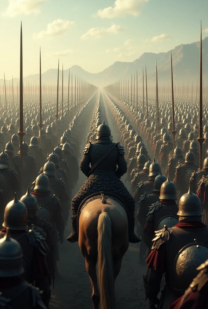 An army of warriors which is very big. And looks huge like an ocean. All the soldiers have swords in their hands. There is a soldier riding on a horse. View in front.