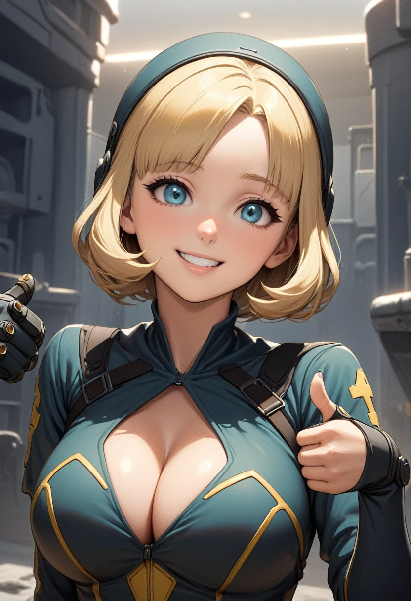 Anime, ((best quality)), ((masterpiece)), (detailed), 1girl, perfect face, happy face, smile, perfect hands, five finger, (Fallout: 1.8), (fallout vault costume: 1), portrait from the waist up, facing the camera, Crypt suit, perfect eyes, blue crypt suit, short blonde hair, slanted fringe, deep cleavage showing, giving thumbs up sign, suit unzipped to show off cleavage,