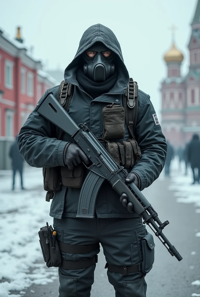 A soldier in a black gas mask that covers his entire face with an AK-74 on Red Square (It's snowing outside) during the apocalypse