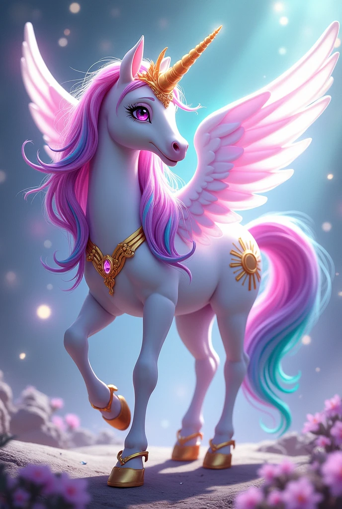 An tall and beautiful pony, with a long horn and long wings. She has a completely white coat, her mane and tail are striped with pink, purple, blue and aqua green with sparkles around her, her eyes are light grayish magenta, she wears a golden crown with a purple gem, a gold necklace also with a purple gem, wears golden hoof shoes, and also has a sun-based mark located on the Flanks