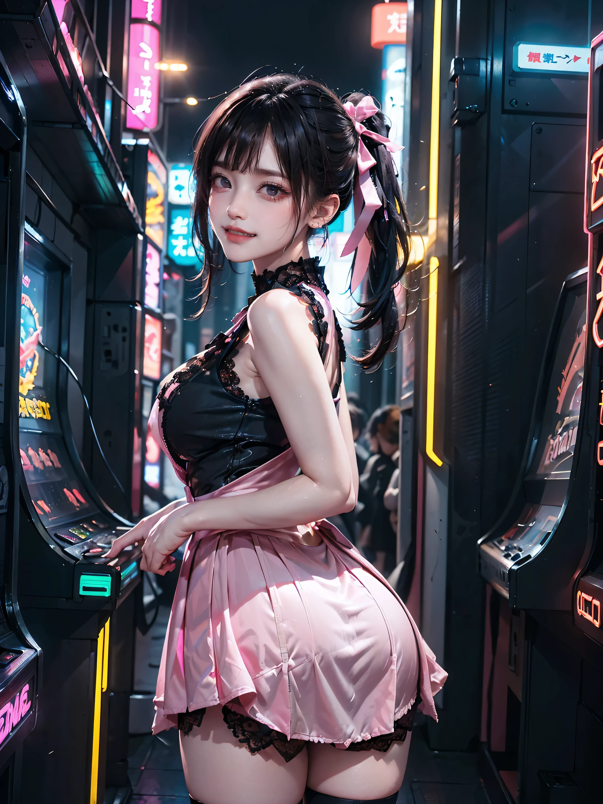 ((16K)),((masterpiece:1.3)), ((Highest quality)), ((Ultra-high resolution)), (Very detailed), (Realistic, photoRealistic:1.4), Perfect lighting,((Side light)), Surrealism,No makeup, Film Grain, chromatic aberration, Sharp focus, Face Light,((Beautiful detailsまでこだわった髪)),((Beautiful eyelashes)), Beautifully detailed face, ((Beautiful Hair)),Beautiful details, Beautiful clavicle, Beautiful body, Thin legs,Beautiful breasts, Beautiful legs, ((Detailed and carefully drawn hand)), Cleavage, Perfect Anatomy, Supermodel with a long neck,((Skinny1.3)),23 years old,Looking into the camera,(Perfect Anatomy,Anatomically correct, Very detailed肌), Glowing Skin,((pale skin)),((beautiful girl:1.1)),shiny hair,((two side up)),(Medium Hair:1.4, Straight Hair:1.2, Black Hair) ,((Hime cut:1.2)),Dainty facial structure,((Captivating smile:1.5)),((Booty poses:1.5)),((From below)),(((wearing jirai fashion, shiny black satin, high neck, short dress with many ( black )frills))), ((pink Lace:1.5)), (((micro mini skirt, bow ribbon))), ((super large breasts)), ((see-through black thighhighs )),((Create a vibrant and detailed image of a neon-lit game center in Akihabara at night:1.5)),((The scene should feature a lively arcade filled with flashing lights from various arcade machines, with colorful neon signs and digital screens illuminating the room)),The atmosphere should be energetic, with crowds of people engaging in various games, The interior should have a mix of retro and modern gaming machines, with the neon signs casting a bright, multi-colored glow over the scene,((Arcade machines in Japan)), ((Arcade)),((The setting should feel both futuristic and nostalgic, capturing the essence of Tokyo's electric town))