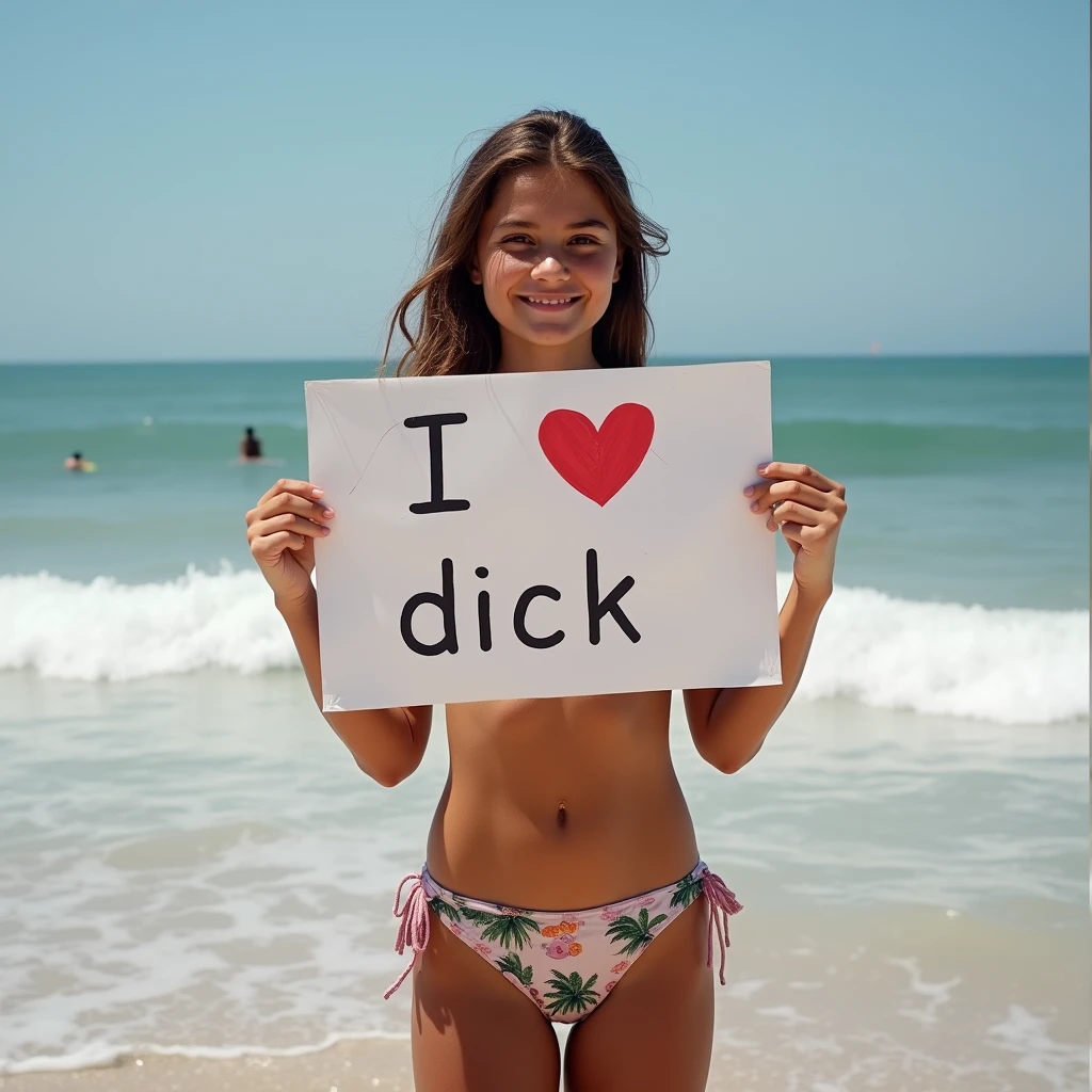 A girl in a bathing suit holds a sign that says "I love dick."