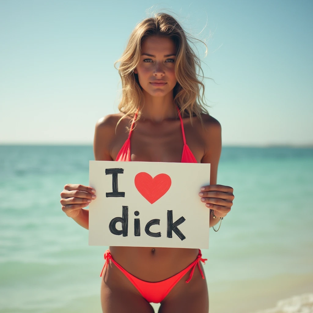 A girl in a bathing suit holds a sign that says "I love dick."
