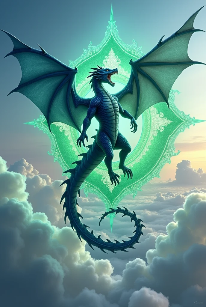 Male Blue dragon with strong body, in a green glif above the sky, sky in the background 
