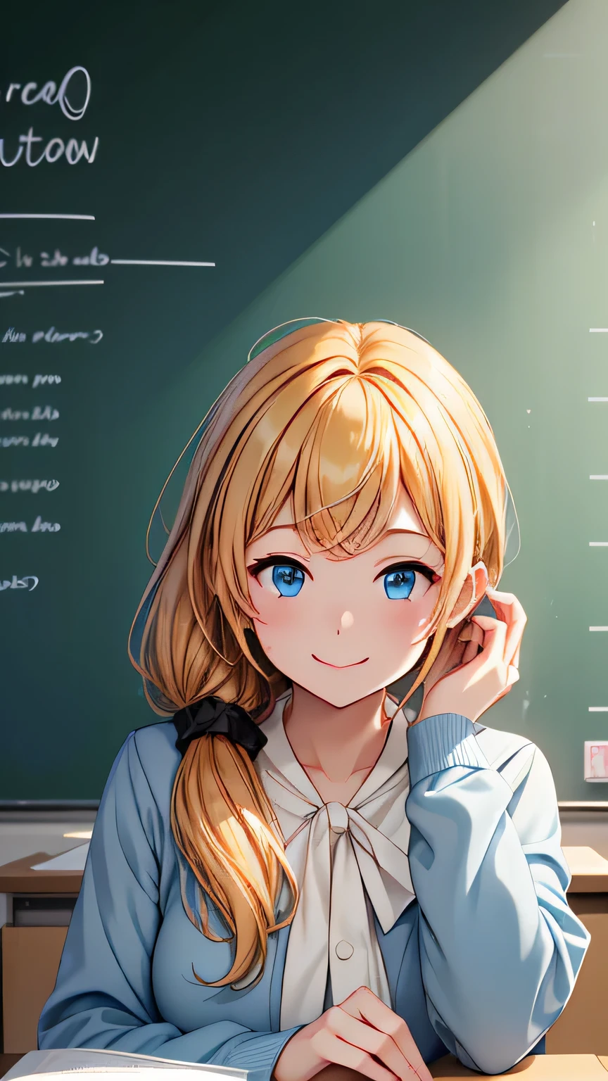 High resolution、High resolution、high quality、masterpiece、1 female、Ellen Baker、School teacher、blonde、blue eyes、nude photo、School classroom、Cute pose、blackboard、smile、((Depiction of only the upper body))、((Woman close up))