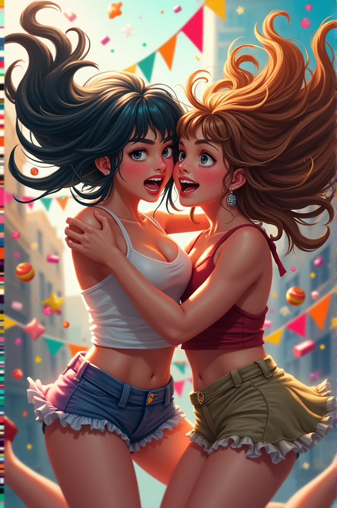 Girls holding each other's hair fighting over piñata toys at a party