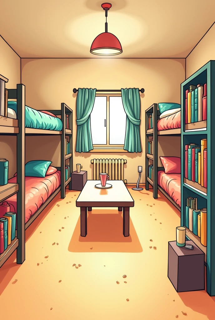 Craft detailed illustrations withbunkbeds cartoon hostel wich is not occupied, two big tables in the middle with two wardrobe hanging in the wall with books