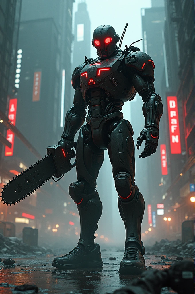 Dark_fantasy,cyberpunk,(chain saw,chain saw man,Red:1.1),1man,Mechanical marvel,Robotic presence,Cybernetic guardian