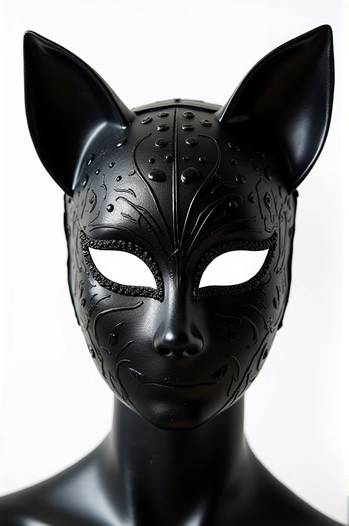 black carnival mask that covers up to the nose with details and cat ears, on a white background