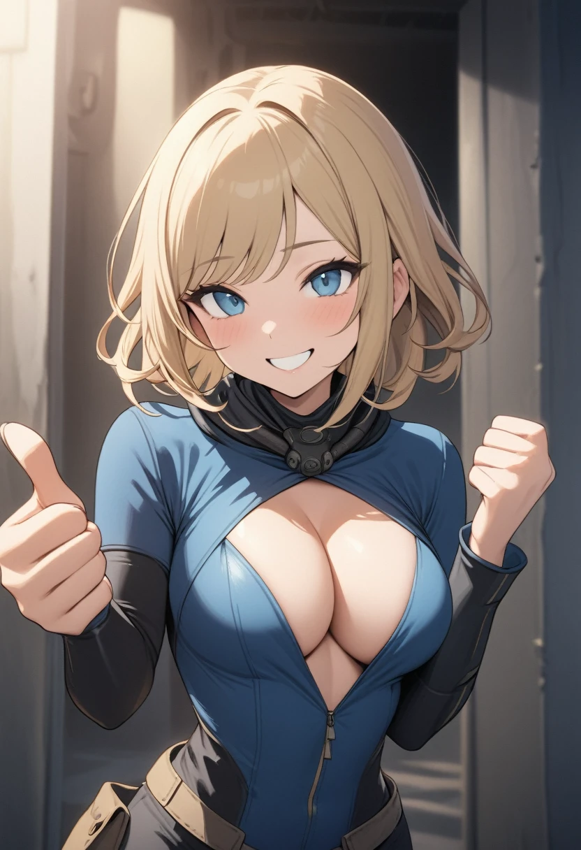 Anime, ((best quality)), ((masterpiece)), (detailed), 1girl, perfect face, happy face, smile, perfect hands, five finger, (Fallout: 1.8), (fallout vault costume: 1), portrait from the waist up, facing the camera, Crypt suit, perfect eyes, blue crypt suit, short blonde hair, slanted fringe, deep cleavage showing, giving thumbs up sign, suit unzipped to show off cleavage,