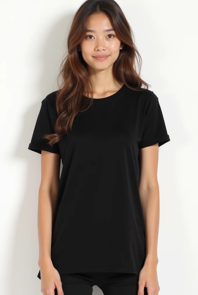 young woman in plain black unisex t-shirt, on a white background.