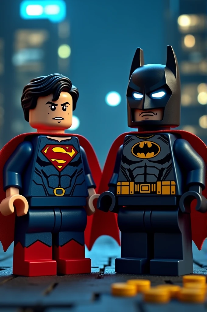 Superman and Batman in Lego art, at night.