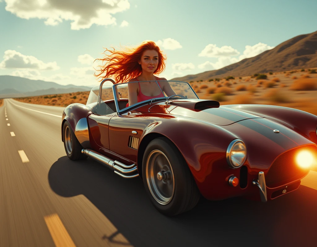 A cinematic wide-angle shot captures a ravishing redheaded pin-up girl behind the driver's wheel driving a gleaming 1966 Shelby Cobra 427 Super Snake as it speeds down the road. She exudes joy as her red hair flies in the wind as she speeds down the highway. The red Shelby Cobra' gleams intensely in the retina-searing sunlight, every detail - from the gleaming wheels to the sculpted fenders - a testament to masterful realism., Hyperrealism, high detail, retina, masterpiece, accurate, anatomically correct, textured skin, super detail, high quality, award winning, highres, 4K, 8k, 16k
