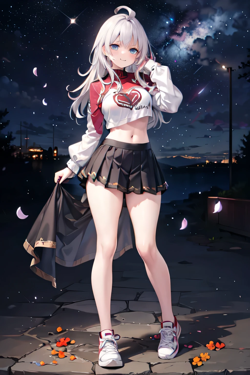 realistic image, detailed image, coherent image, 1 beautiful girl, she has very long hair, white hair, light blue eyes, smiling expression. She is wearing a long-sleeved t-shirt, showing her navel, a pleated miniskirt, sneakers, She has a curvy body, medium breasts and thick thighs, She is posing sensually, lifting her skirt a little, arching her back, black background, uniform background, starry night, flower petals falling around, Soft focus, full body view, Dramatic shadows, Volumetric lighting, natural lighting,Alisa Mikhailovna Kujou,ahoge