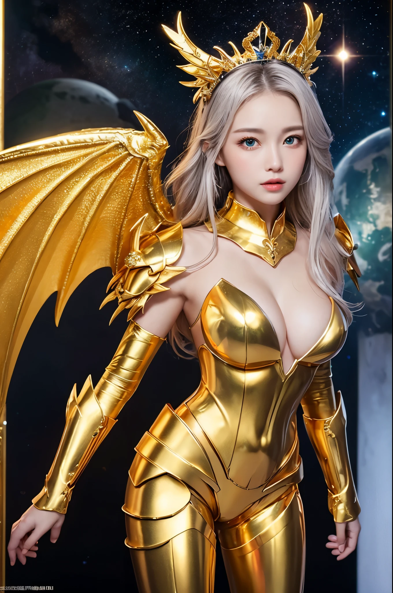 Ultra HD、Ultra-clear、Beautiful Face、Covered entirely in golden armor、Holy knight in golden armor、Mechanical Golden Wings、Golden Tiara、Golden armor covered in sculptures、Dragon-inspired armor、Heavy golden armor、Green Eyes、Silver Hair、、Beautiful bow、Outer space background、