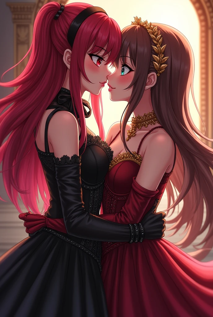 a girl with red hair red eyes tough gothic way kissing brown hair green eyes royal princess dress anime style they are kissing passionately