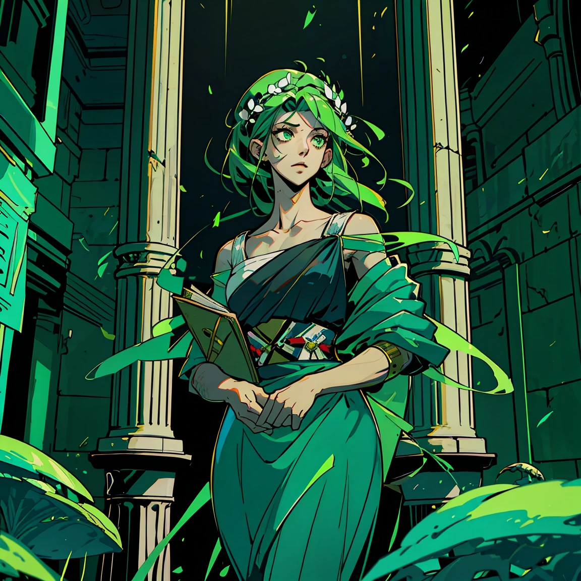 1woman, alone, 25 years old, young, green hair, green eyes, insister sur les reflets des yeux gris, cheveux verts, mid lenght hair, desorganized haircut, messy hair, uke, formal business outfit, green shirt, chemise verte, green and black outfit, green clothes, neutral look, fatigued, tired eyes, hades style, hades game, Jen zee style, greek themed image, greek background, hypnos, artemis, tartarus scenery, fumes, greek columns in background, lots of columns, greek architecture, green themed image, white furniture, black touches of color, black walls, looking at viewer, holding an urn of value hades game wiki obols, hades, game, wiki, obols