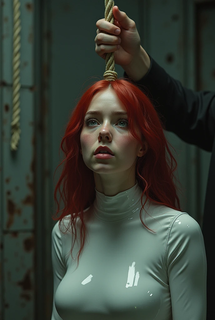 man tightening rope noose around brazilian woman neck, red hair, white latex pvc bodysuit, 16-year-old woman, man putting rope around woman's neck, womanserious expression, woman empty expression, wide-eyed, scared, execution by hanging, gallows