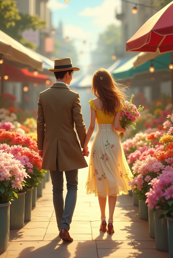 Couple.Gril and boy are walking in  the flower maket in US.Gril is wearing white and yellow drees and boy is wearing coat and hat and buy flowers