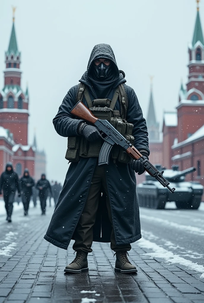 A soldier in a black gas mask that covers his entire face with an AK-74 on Red Square (It's snowing outside) with the military behind