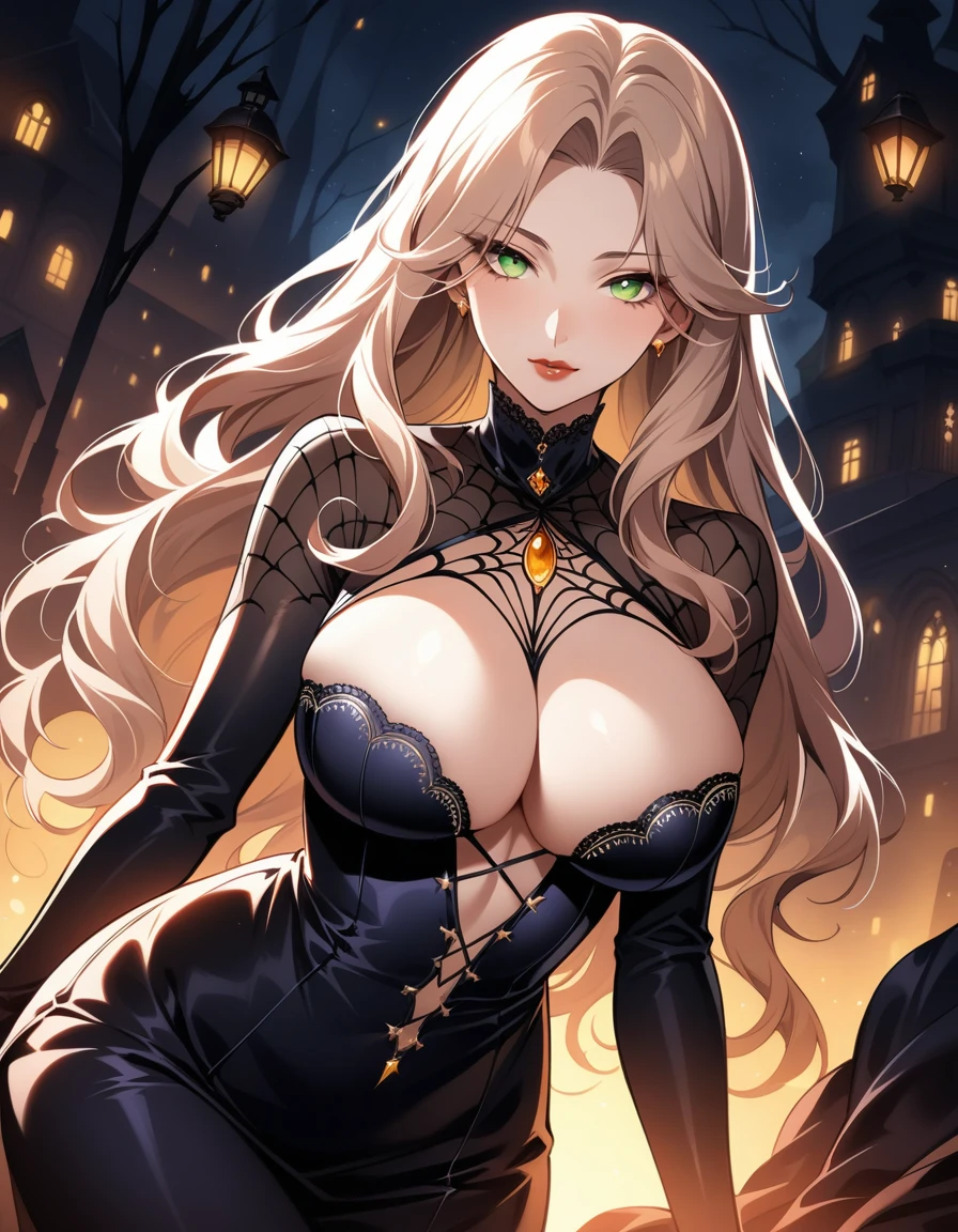 nsfw, 1Mature Female, A Bewitching older woman, 35yo, evil femme fatale, sexy MILF, solo, aesthetic, peerless beauty, Glossy brunette wavy hair, Beautifully styled French roll hairstyle, Narrow forehead, thin arched eyebrows, double eyelids, dark green eyes, highlight on eyes, eyes reflection, beautiful nose, beautiful nostrils, Lustful full lips, dark lipstick, glossy lips, sharp jawline, Glamor, soft and curvy, honey-colored glistening skin, super detailed skin, glossy skin, Feminine neckline, thin collarbone, deep cleavage, saggy huge breasts, (perfect anatomy, ideal facial features, ideally proportioned figure, perfectly beautiful body, an extremely delicate and beautiful, beautiful detailed face, beautiful detailed hair, beautiful detailed eyes, beautiful detailed nose, beautiful detailed nostrils, beautiful detailed lips), (close-up photography of upper body, boast pompously, focus on entire screen, asymmetrical, masterpiece, official art, work of art, Award-winning work, extreme quality, ultra high definition, finely detail, magnificent illustration, extremely beautiful CG, high definition pictures, all intricate, raytraced, caustics, textile shading, incredibly absurd res, absolutely resolution, ultra high res, 16k),(Madame Spider is a bewitching and beautiful widow. Her outfit is made of satin, with a smooth black dress, long black gloves, and black stockings, all of which are embroidered with spider web patterns, and her feet are also adorned with black patent leather stiletto heels.), (When a stranded person wanders into the deep mountains and despairs in the pitch black darkness that seems to have been painted with ink late at night, he or she finds a warm orange light shining from somewhere. That is Madame Spider's Mansion. It is not the light of a lighthouse that will guide you, but the light of a moth trap. There is no way to escape from the traps set up in Madame Spider's web.)