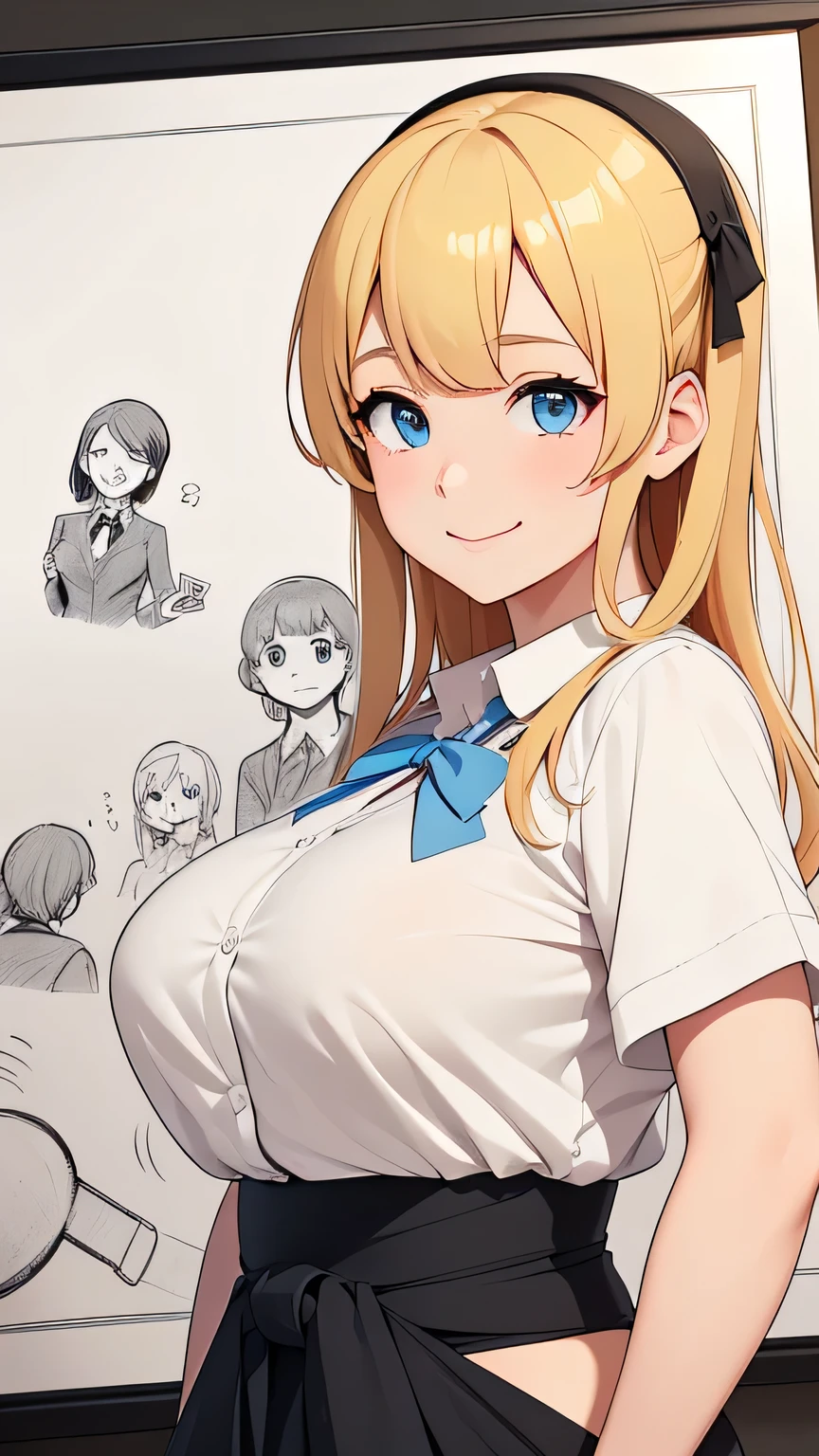 High resolution、High resolution、high quality、masterpiece、1 female、Ellen Baker、School teacher、blonde、blue eyes、School classroom、Cute pose、blackboard、smile、((Drawing from waist to head))、((Woman close up))