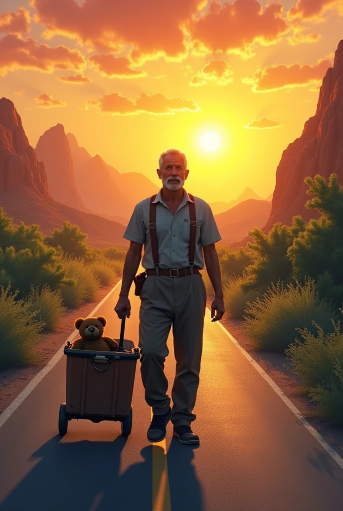 35 year old man carrying a wheeled toolbox walking facing the sun on an asphalt road, on one side desert and on the other side green vegetation leading to the sunset and in the box a small brown teddy bear